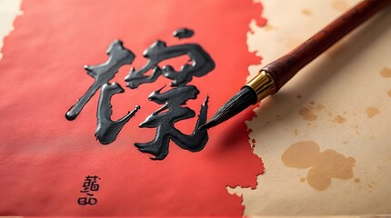Close-up of Chinese calligraphy brush painting black ink on red paper
