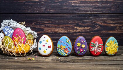 Decorated Easter Eggs in a Basket on a Wooden Background.