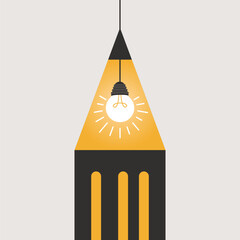 Creative vector illustration of a pencil with a glowing light bulb inside, symbolizing ideas, creativity, innovation, inspiration, and learning