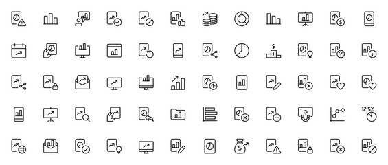 Business and Performance icon set. Vector illustratin. Includes symbols for eror, market fluctuation, saesman, verified, pie chart money, data analysis and ore. Editable stroke.