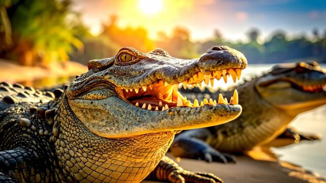 Two alligators basking in the sun on a sandy riverbank, with one showing its open mouth and sharp teeth.