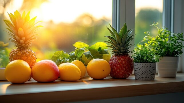 Fruits on windowsill, sunlit