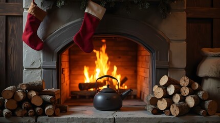 Cozy Christmas Fireplace with Stockings, Kettle, and Firewood