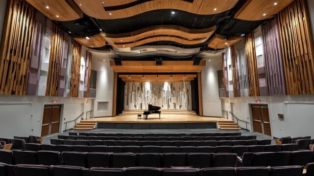 Craftsman installs acoustic panels in a modern auditorium enhancing sound quality with precise millwork and sounddamping materials.