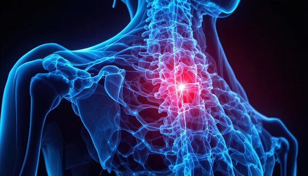 Stunning 3D rendering showing back pain radiating from spine, highlighting medical conditions and healthcare solutions for pain relief and treatments