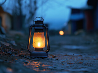 A Lantern Lighting the Way Outside a Refugee Shelter, Representing Resilience