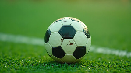 Fototapeta premium Close-up of a classic black and white soccer ball on vibrant green grass field on a sunny day