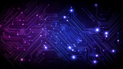 Dynamic digital circuit board pulses with vibrant neon blue and purple energy, showcasing futuristic technology and data flow in a modern network. - Powered by Adobe