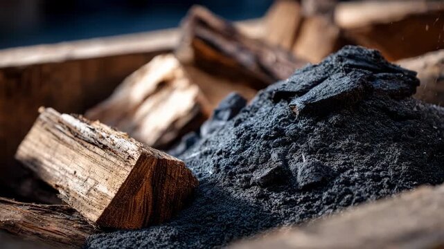 Closeup medium shot capturing the process of enhanced biochar wood preservation highlighting chemical additives mixed with char for advanced protection.