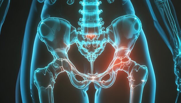 Explore hip joint anatomy with this captivating medical illustration, perfect for educational materials and health campaigns focusing on joint pain relief
