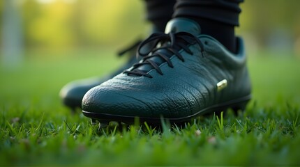 Detailed view of dark green soccer cleats with black laces on a vibrant green grass pitch