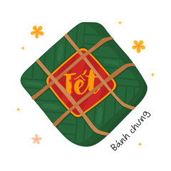 Traditional Vietnamese holiday dish for Lunar New Year (Tet). Sticky rice cake with meat wrapped in banana leaf (banh chung). Asian traditional dish, illustration on white background.