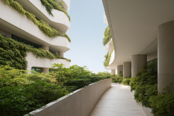 futuristic architecture blending smooth forms of glass and concrete with lush greenery creates vision of urban