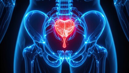 Stunning blue pelvic bones with highlighted bladder for medical reference, anatomical study, educational resource, or scientific visualization project