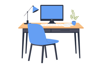 Minimalist Work Desk with Computer Monitor. An illustration of a clean, minimalist work desk featuring a computer monitor, desk lamp and chair, representing a modern and tidy home office