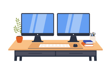 Dual Screen Workstation and Home Office Setup. A desk view illustration of a dual-screen computer setup, emphasizing multi-tasking, high productivity, and the use of technology in a modern workspace