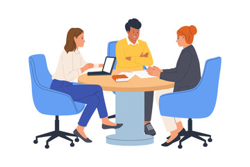 Vector of Business Meeting and Team Discussion. An illustration of a team of corporate professionals collaborating and having a discussion around a round table, business meetings and teamwork