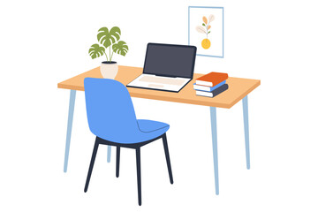 Minimalist Work Desk with Laptop and Books. A simple, minimalist work desk with a laptop, a stack of books, and a potted plant, ideal for illustrating remote work, learning, and professional setup