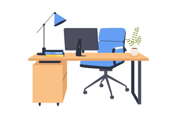 Minimalist Work Desk with Cabinet and Ergonomic Chair. An illustration of a professional minimalist desk setup, an ergonomic chair, a storage cabinet, and a potted plant, suitable for corporate