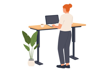 Illustration of Woman Working at a Standing Desk. A rear-view illustration of a woman working at a height-adjustable standing desk, promoting ergonomic practices and healthy posture