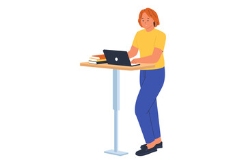 Woman Working at an Adjustable Standing Desk. A woman is shown working at a height-adjustable standing desk with her laptop, books, and a plant, visualizing a flexible, healthy, and modern work