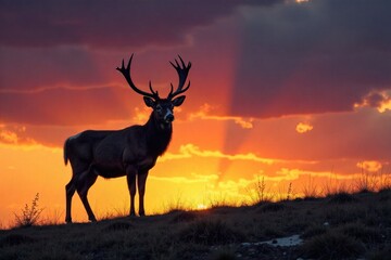 A solitary buck silhouette against a vibrant autumn sunset, representing the spirit of the hunt. A powerful silhouette of a mature buck with large antlers stands on a ridge, backdropped by a dramatic,