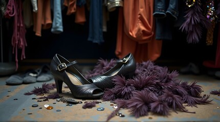 Elegant black high heels with gold buckle on floor, surrounded by purple feathers and sequins, clothes hanging in background.