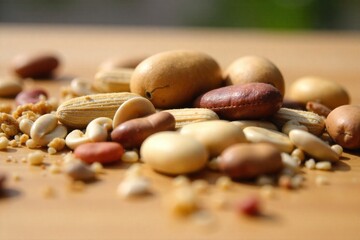 A handful of diverse seeds scattered on a weathered wooden surface, representing potential and variety. Overhead shot of a variety of dry seeds, including small grains and larger beans, scattered on a