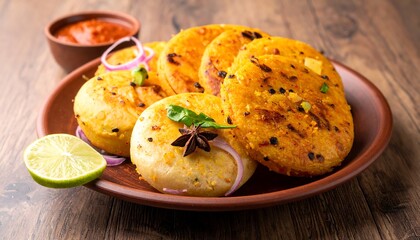 Delicious Indian Appetizer - A Plate of Savory Fried Lentil Cakes with Chutney and Lime.