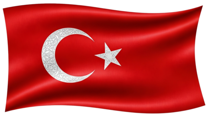 Waving national fabric displaying a prominent crescent and five-pointed star motif against a dark background