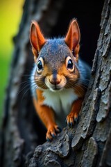 A fluffy gray squirrel peeking from a hollow in an ancient oak tree, sunlight dappling its fur in a serene forest setting. A close up, eye level shot of a fluffy gray squirrel peeking its head and