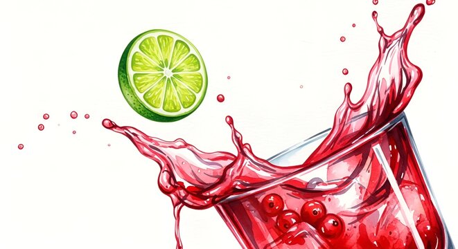 Vibrant watercolor painting of red drink splashing with lime, evoking freshness and energy