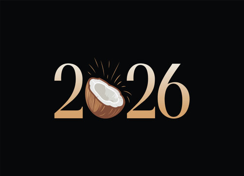 Elegant 2026 New Year Design Featuring a Fresh Coconut Half Against a Black Backdrop Ideal for Celebrations and Tropical Themes