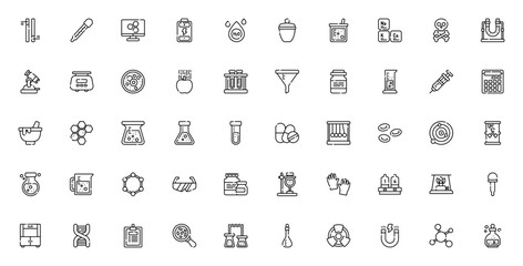 Laboratory icon set. Science vector symbols collectin. Includes test tube, micoscope, DNA, beaker, thermmeter, molecule, bacteria,magnet and more. Editable troke.