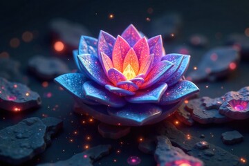 An unfolding geometric shape revealing a central info element with radiating lines An abstract geometric shape, like an origami flower or a complex crystal, subtly unfolding to reveal a glowing,