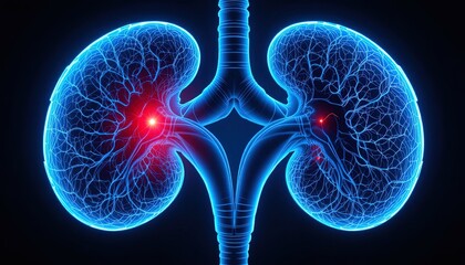 Detailed blue kidney anatomy with glowing red inflammation points, showing potential disease, perfect for medical education or healthcare marketing materials