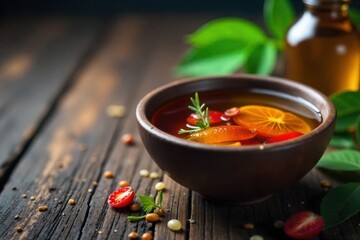 Hair Wellness Ritual Aromatic Steam Hydration A bowl of steaming water with essential oils and natural elements, creating a calming and aromatic atmosphere. No people.