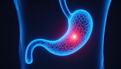 Detailed stomach anatomy illustration revealing potential ulcer or infection in vibrant, glowing colors for medical education and research