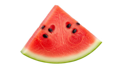Single triangular slice of ripe fruit displays vibrant red flesh and dark seeds against a dark background