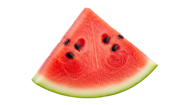 Single triangular slice of ripe fruit displays vibrant red flesh and dark seeds against a dark background