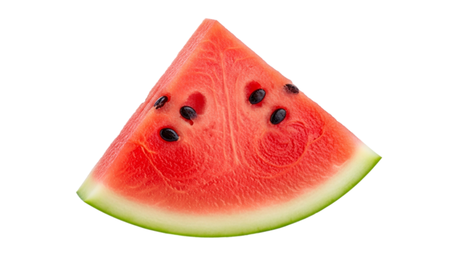 Single triangular slice of ripe fruit displays vibrant red flesh and dark seeds against a dark background