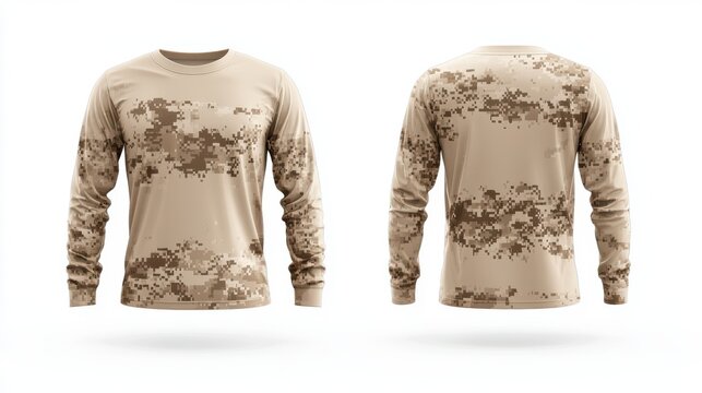 Front and back view, 3D long-sleeve jersey in desert tan with digital camouflage brush strokes isolated on a white background