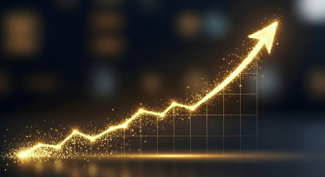 A glowing golden arrow chart rising upward on a grid background representing growth and progress in a financial or business context