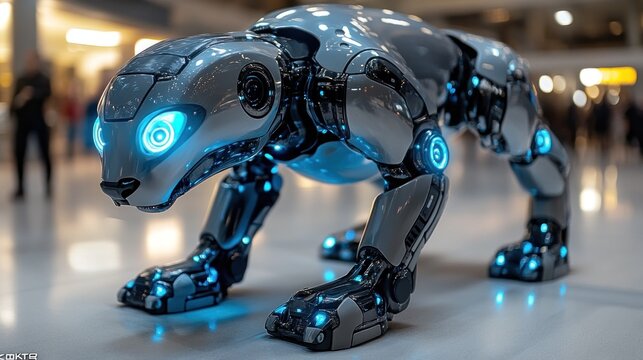 Futuristic robotic animal, sleek gray design with glowing blue accents