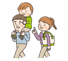 父親に肩車される息子と指さす母親