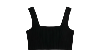 Minimalist black ribbed sleeveless crop top displayed against a dark background