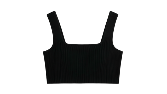 Minimalist black ribbed sleeveless crop top displayed against a dark background