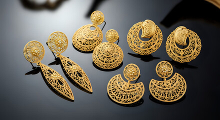 Exquisite gold filigree earrings capture timeless elegance and sophistication, perfect for luxurious jewelry advertising and fashion design inspiration
