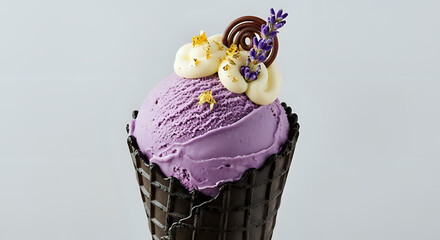 Indulge in lavender ice cream in a dark chocolate cone with beautiful cream and delicate edible gold leaf, a delightful culinary experience and a sweet treat