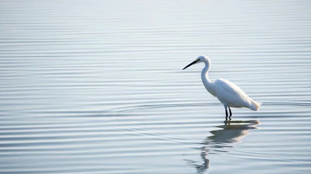 A white egret stands in calm, rippling water